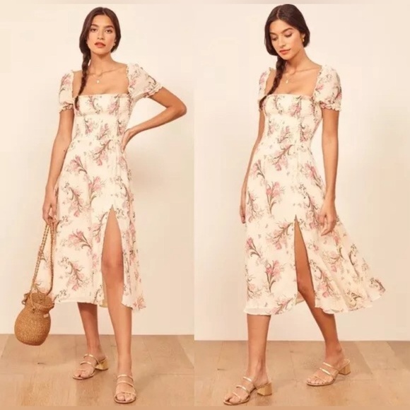 Reformation Dresses & Skirts - EUC REFORMATION Leila Ivory Pink Floral Smocked Bodice Slit Midi Dress